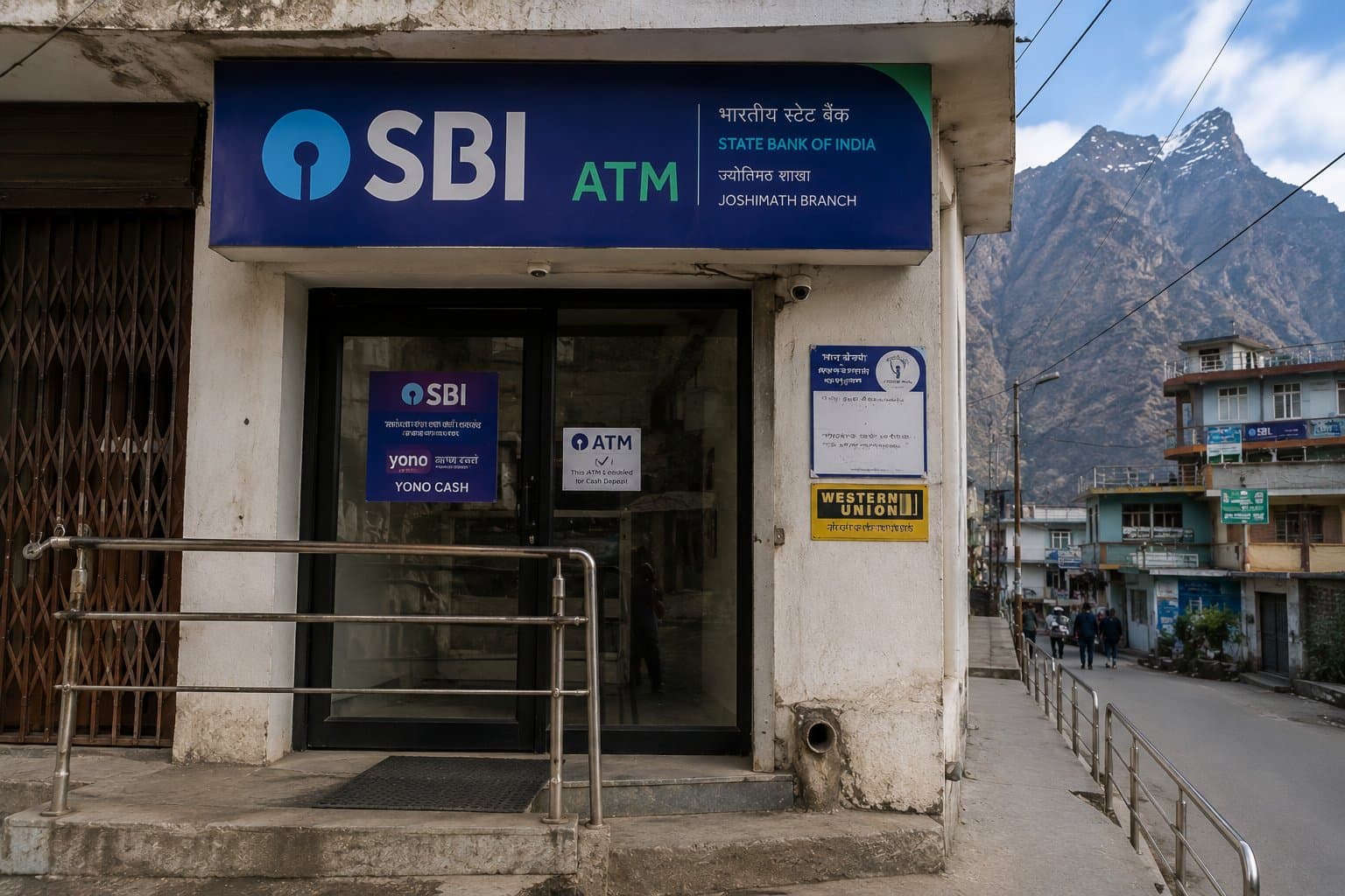 SBI ATM at Joshimath branch with Himalayan mountains in the background