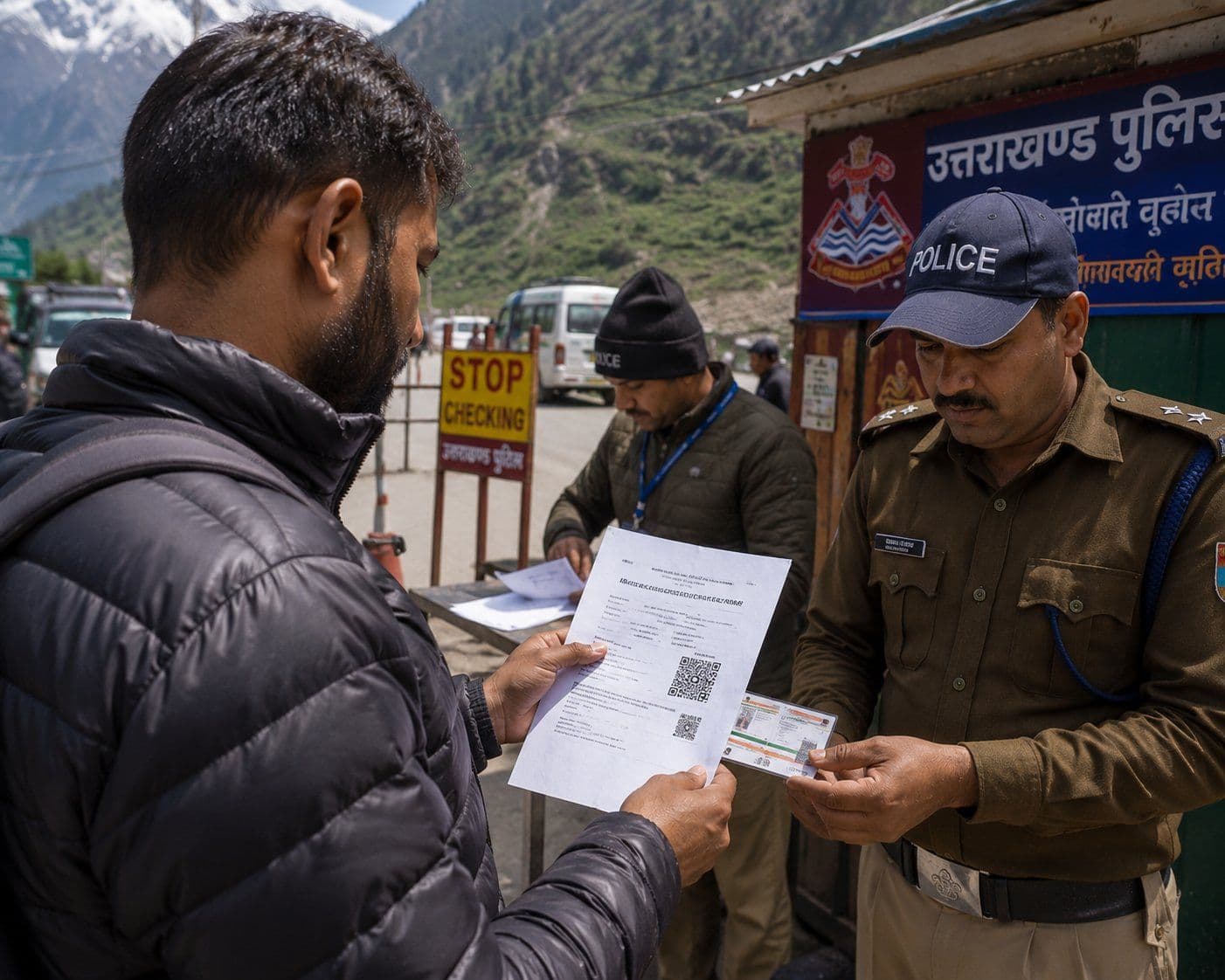 Pilgrim showing printed QR-coded e-pass and Aadhaar card to Uttarakhand Police officer at a mountain checkpost