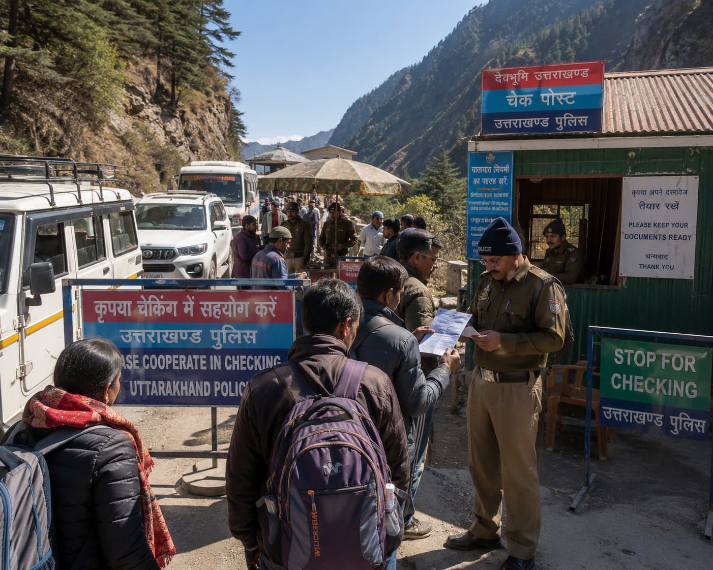 Uttarakhand Police checkpost on Char Dham route with pilgrims showing documents for verification