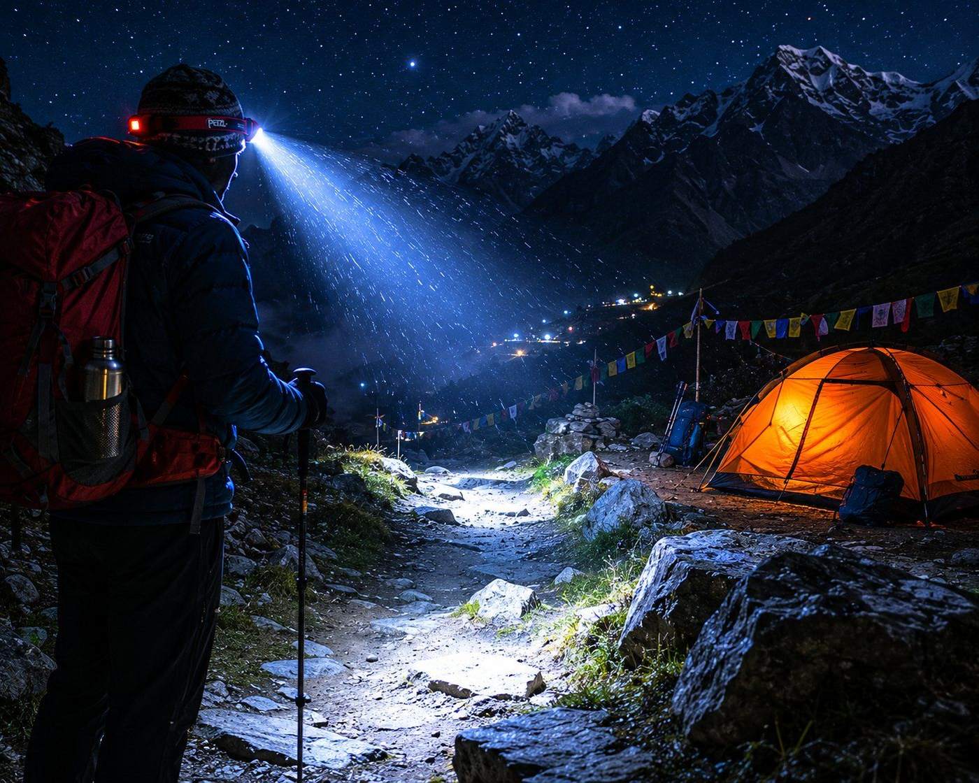 Trekker with headlamp illuminating a mountain trail at night with tent and Himalayan peaks