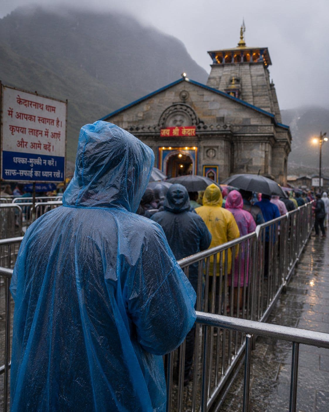 Pilgrims in rain ponchos queuing at Kedarnath temple during monsoon rain
