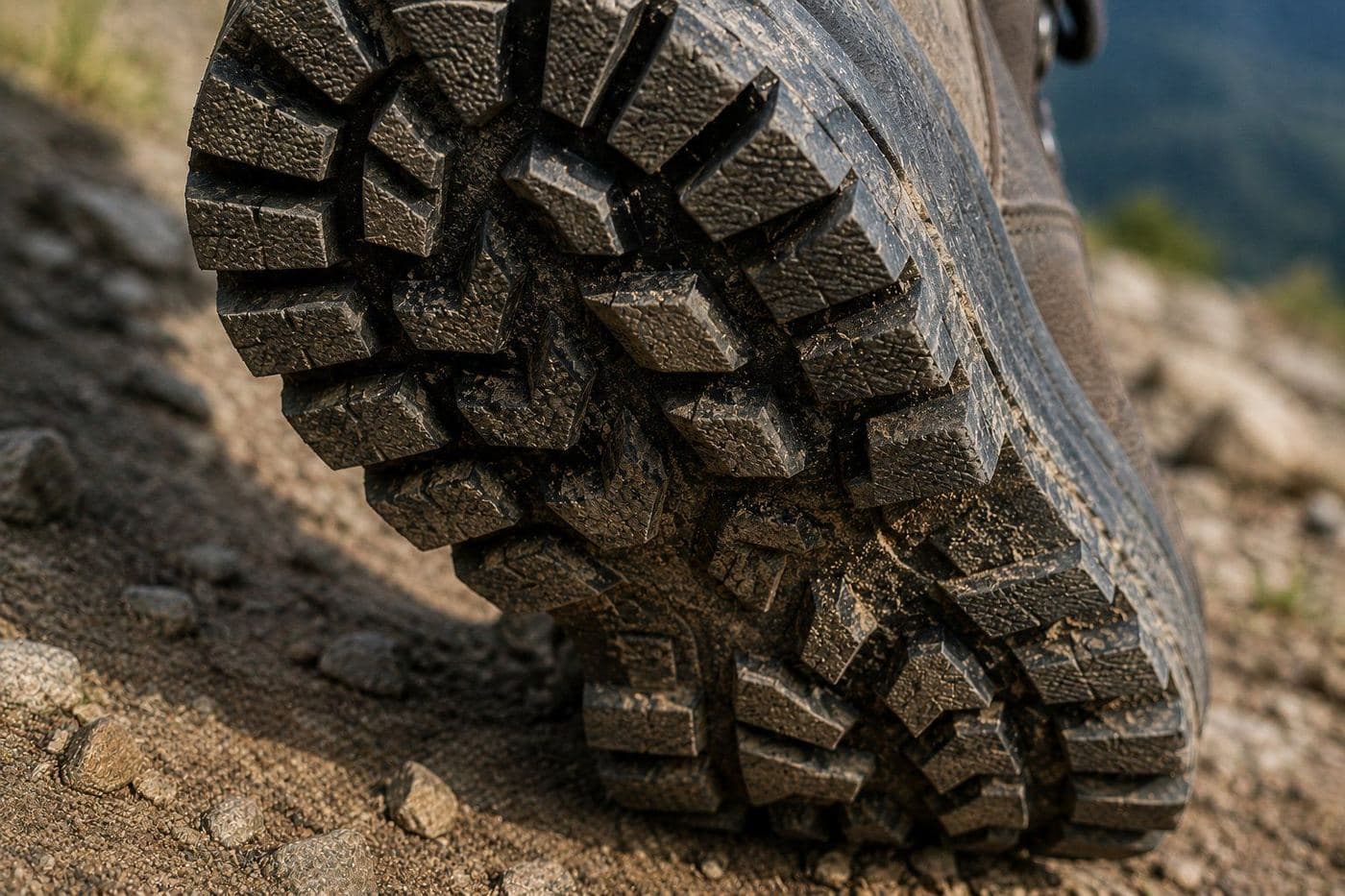 Trekking shoes on wet mossy rock on a mountain trail showing real trail conditions