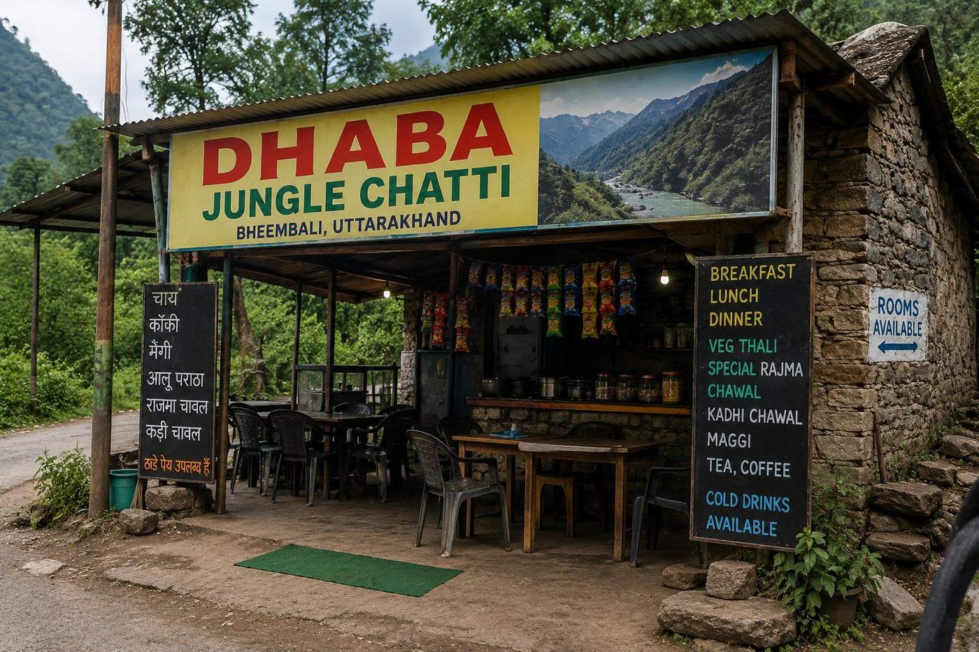 Dhaba at Jungle Chatti on the Kedarnath trek route serving tea and meals to trekkers