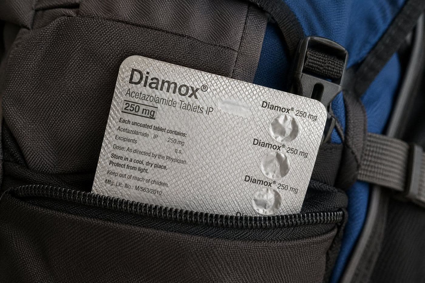 Diamox acetazolamide 250mg tablet strip in a trekking backpack pocket