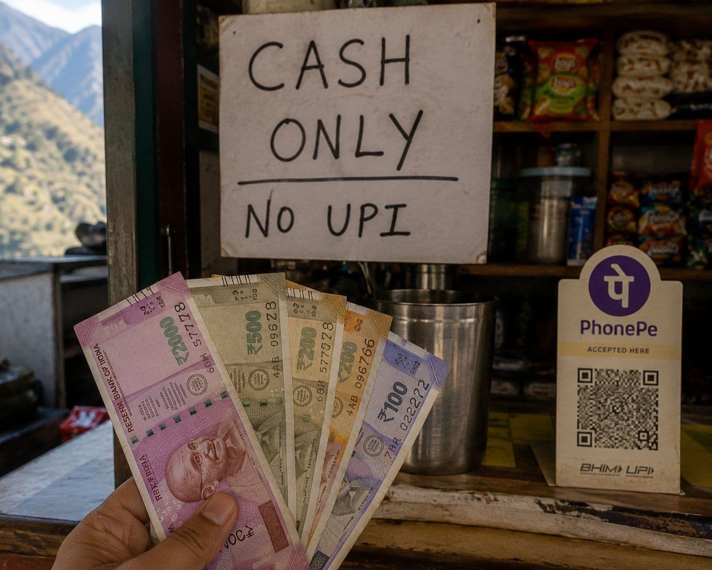 Hand holding Indian currency notes in front of a Cash Only No UPI sign at a mountain dhaba