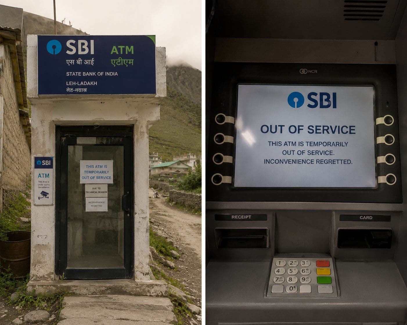 SBI ATM in Leh Ladakh showing Out of Service screen with mountains behind