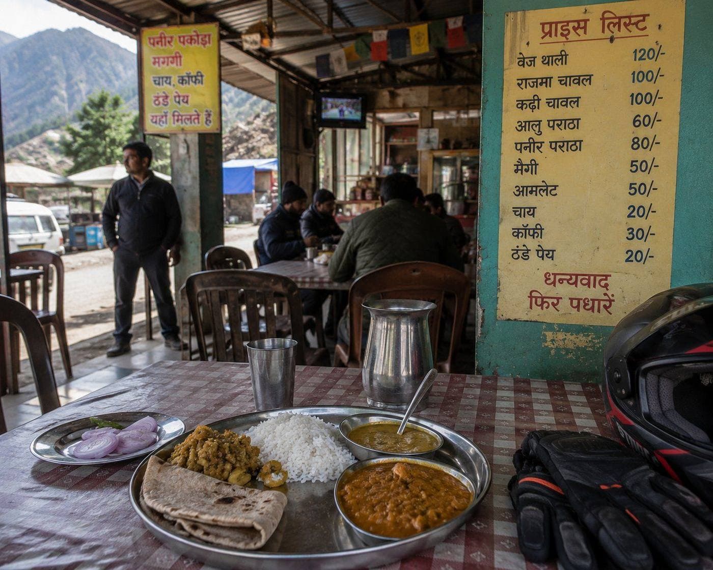 Budget dhaba thali with rice dal roti and price list showing Rs 120 for veg thali on a mountain highway