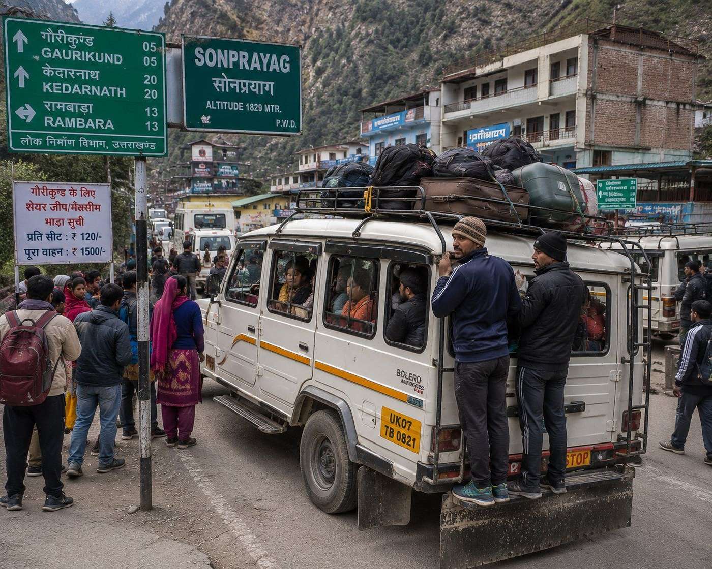 Shared Bolero jeep packed with pilgrims at Sonprayag stand with Gaurikund and Kedarnath distance signs