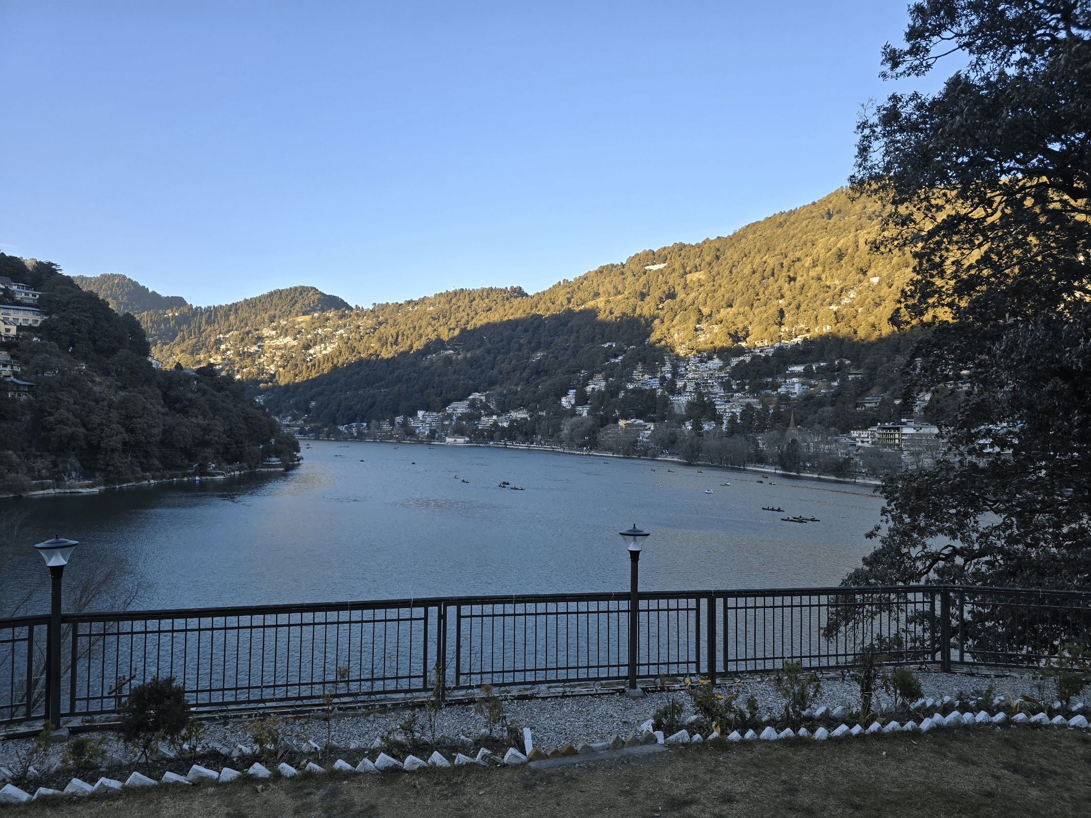 Wide daytime view across Naini Lake and the forested slopes of Nainital