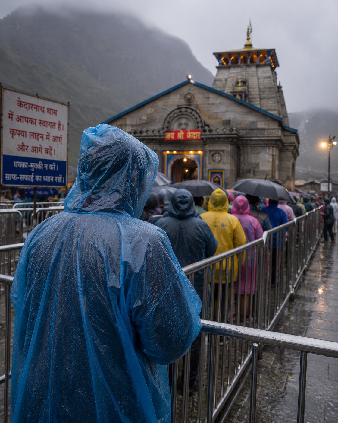 Pilgrims in rain ponchos queuing at Kedarnath temple during monsoon rain