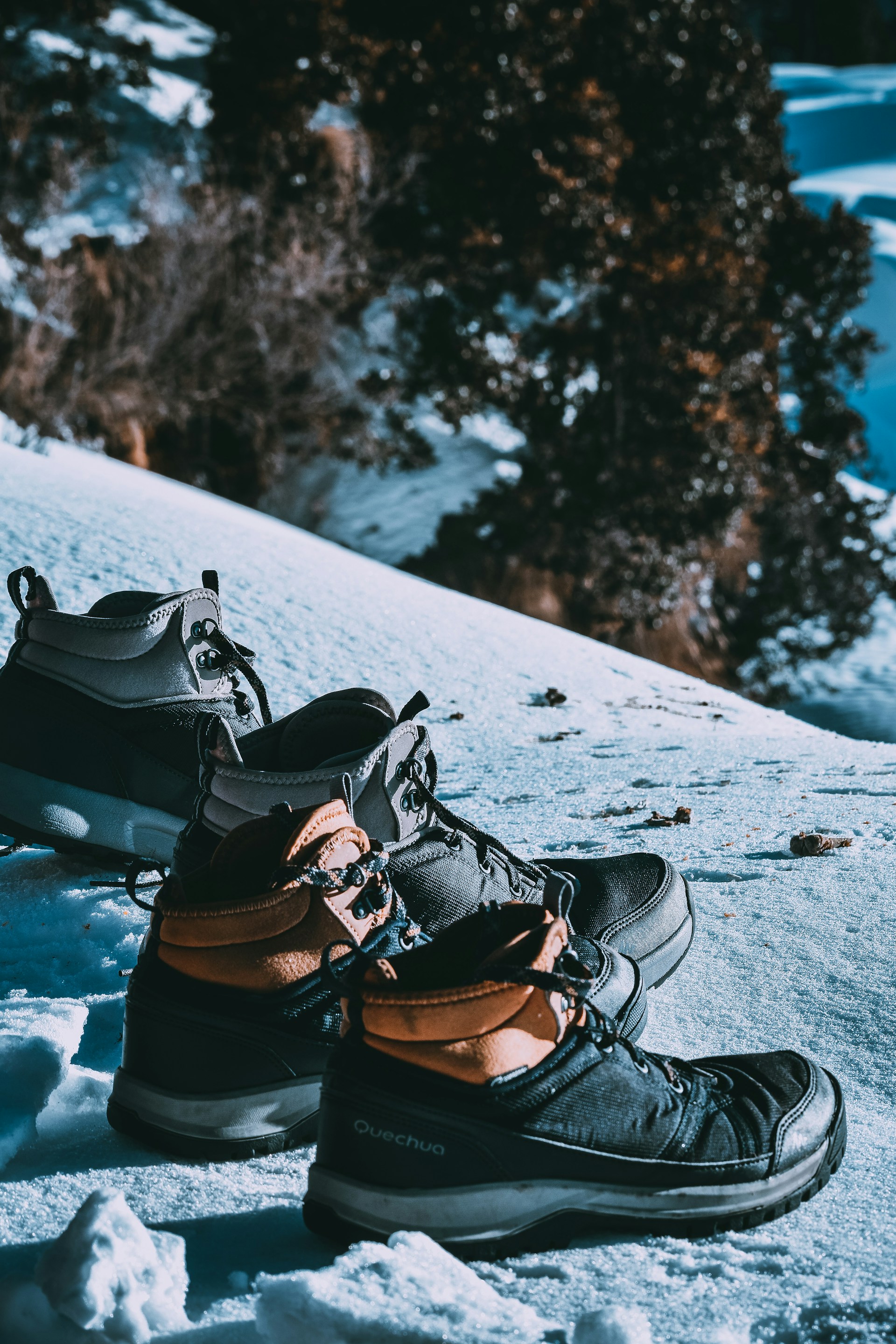 Trekking boots resting on grass with mountain peak in background after a day on the trail