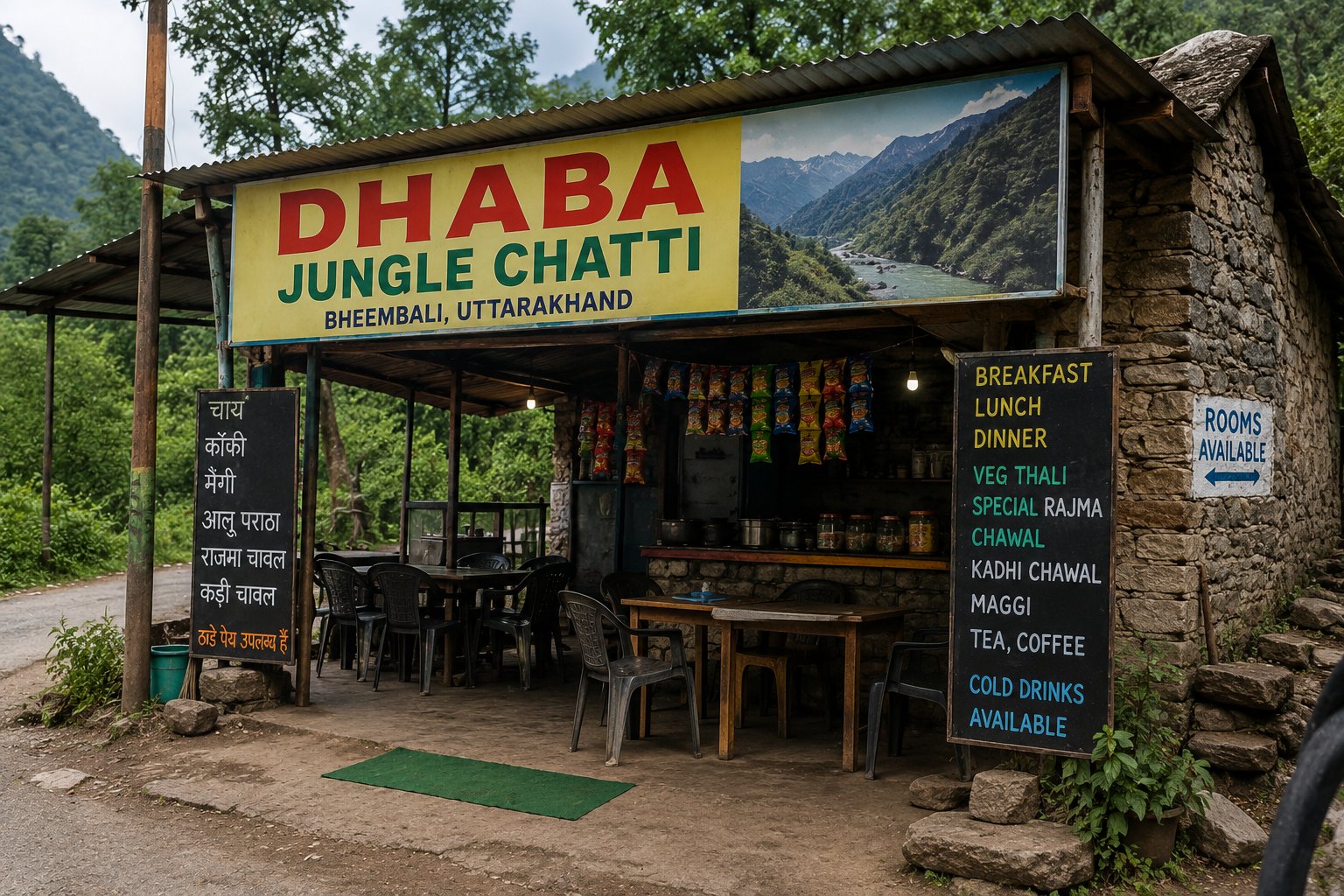 Dhaba at Jungle Chatti on the Kedarnath trek route serving tea and meals to trekkers