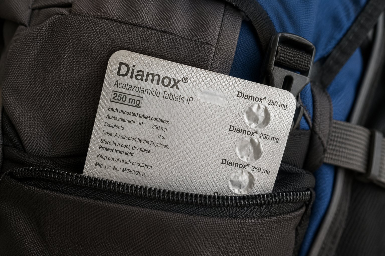Diamox acetazolamide 250mg tablet strip in a trekking backpack pocket