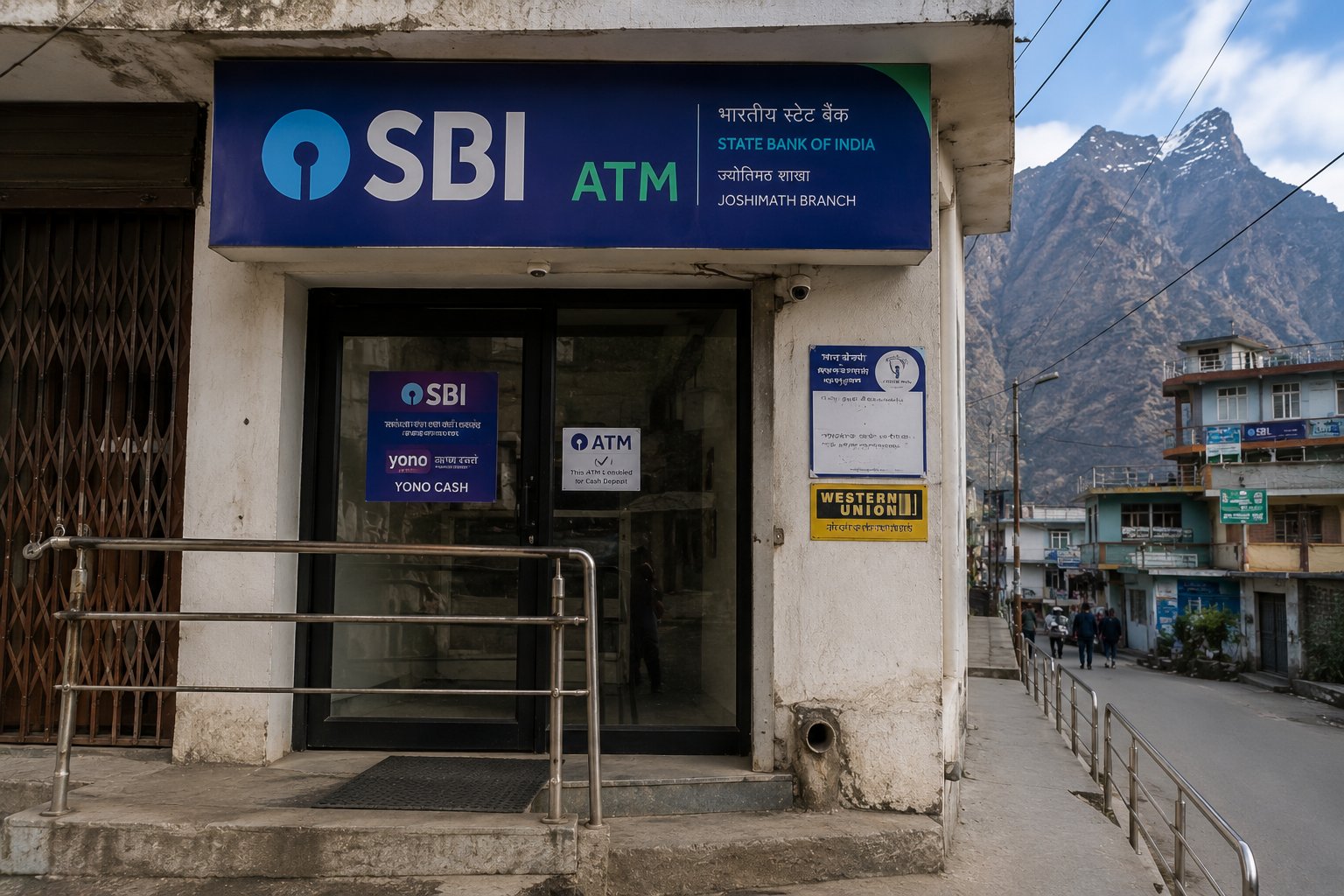 SBI ATM at Joshimath branch with Himalayan mountains in the background