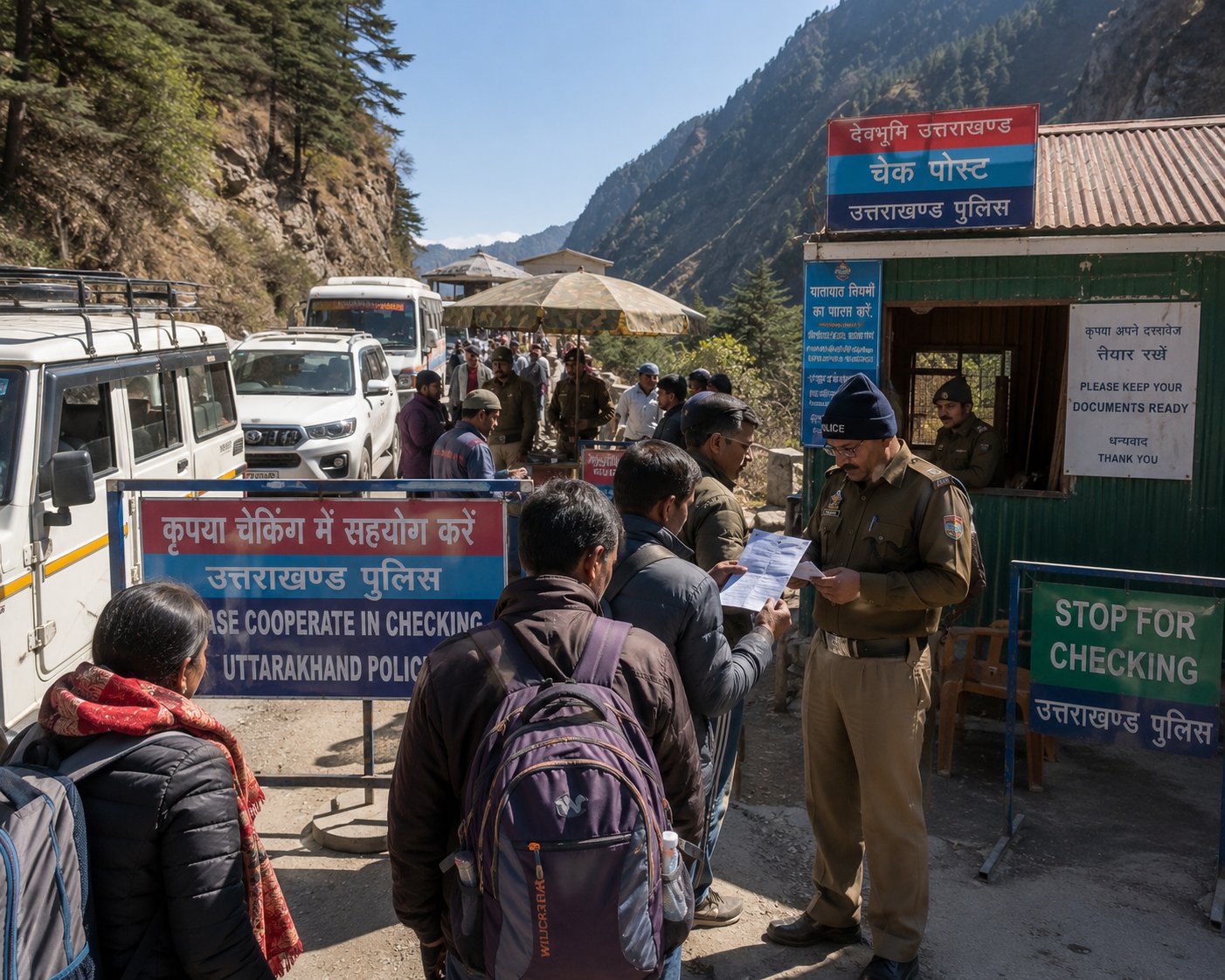 Uttarakhand Police checkpost on Char Dham route with pilgrims showing documents for verification